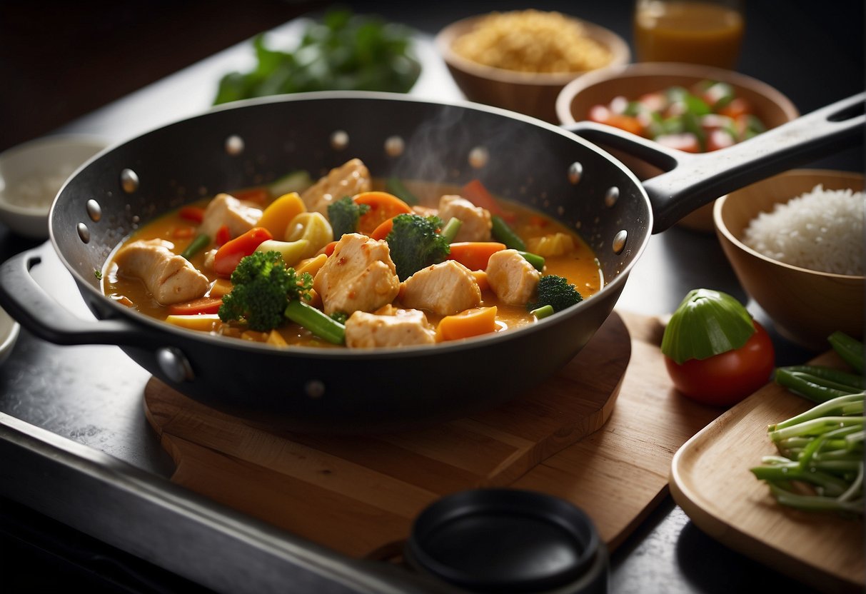 A wok sizzles with chicken, vegetables, and coconut milk for a Chinese chicken curry. Ingredients like ginger, garlic, and soy sauce are neatly lined up for use