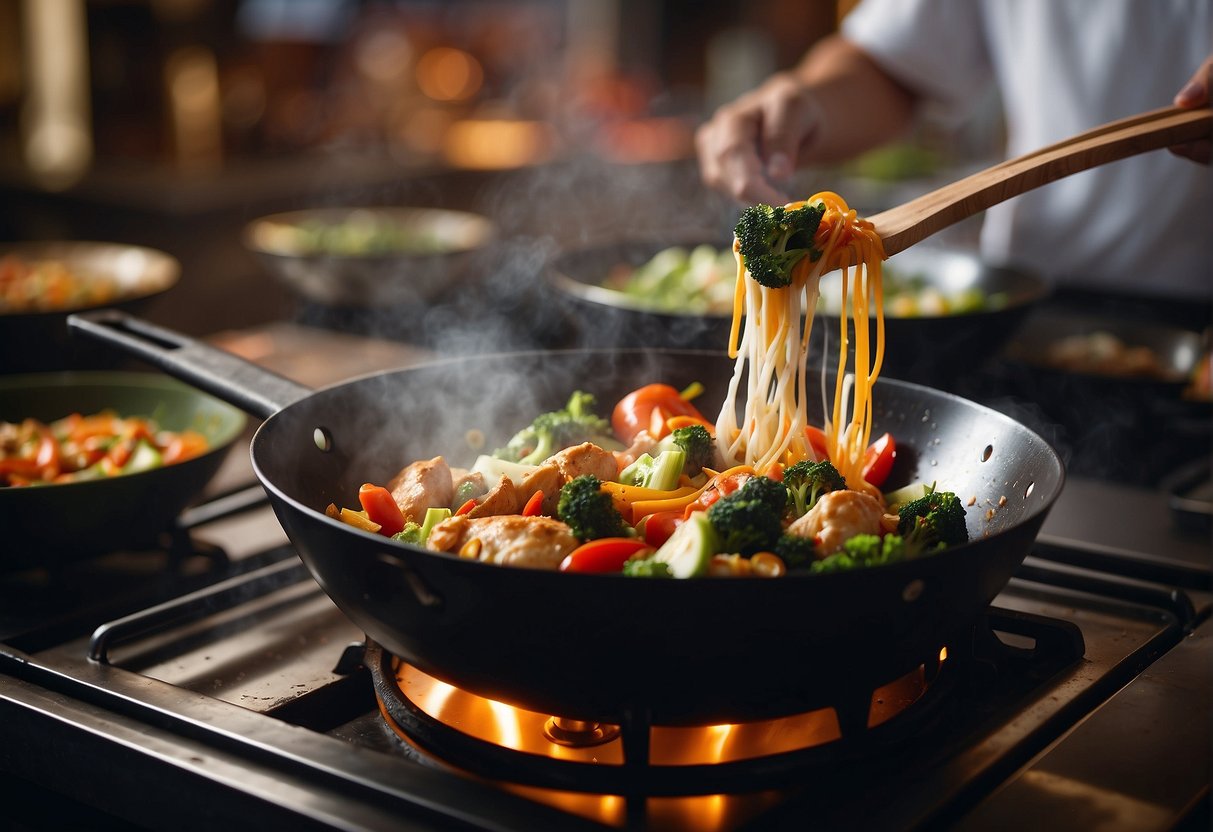 A wok sizzles as chicken, vegetables, and coconut milk are stirred in. A fragrant blend of spices fills the air