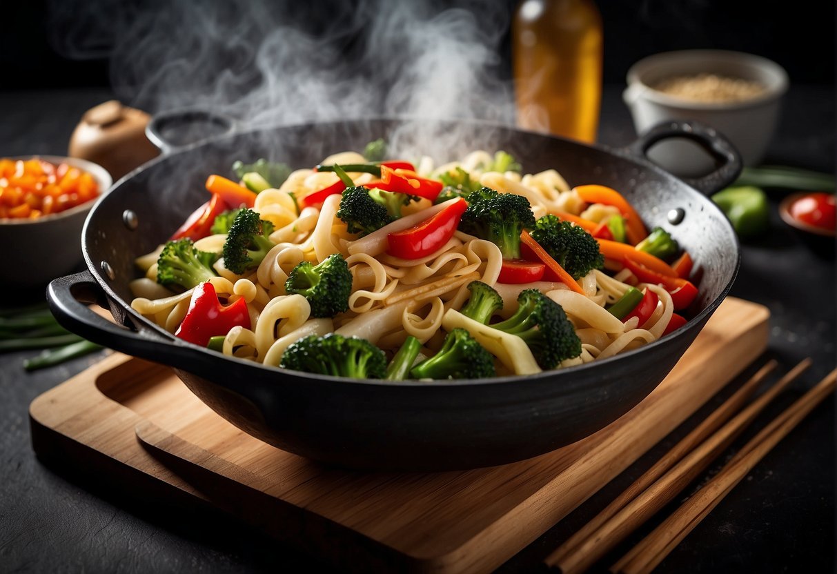 A steaming wok sizzles with colorful stir-fried vegetables and savory noodles, surrounded by vibrant ingredients like ginger, garlic, and soy sauce