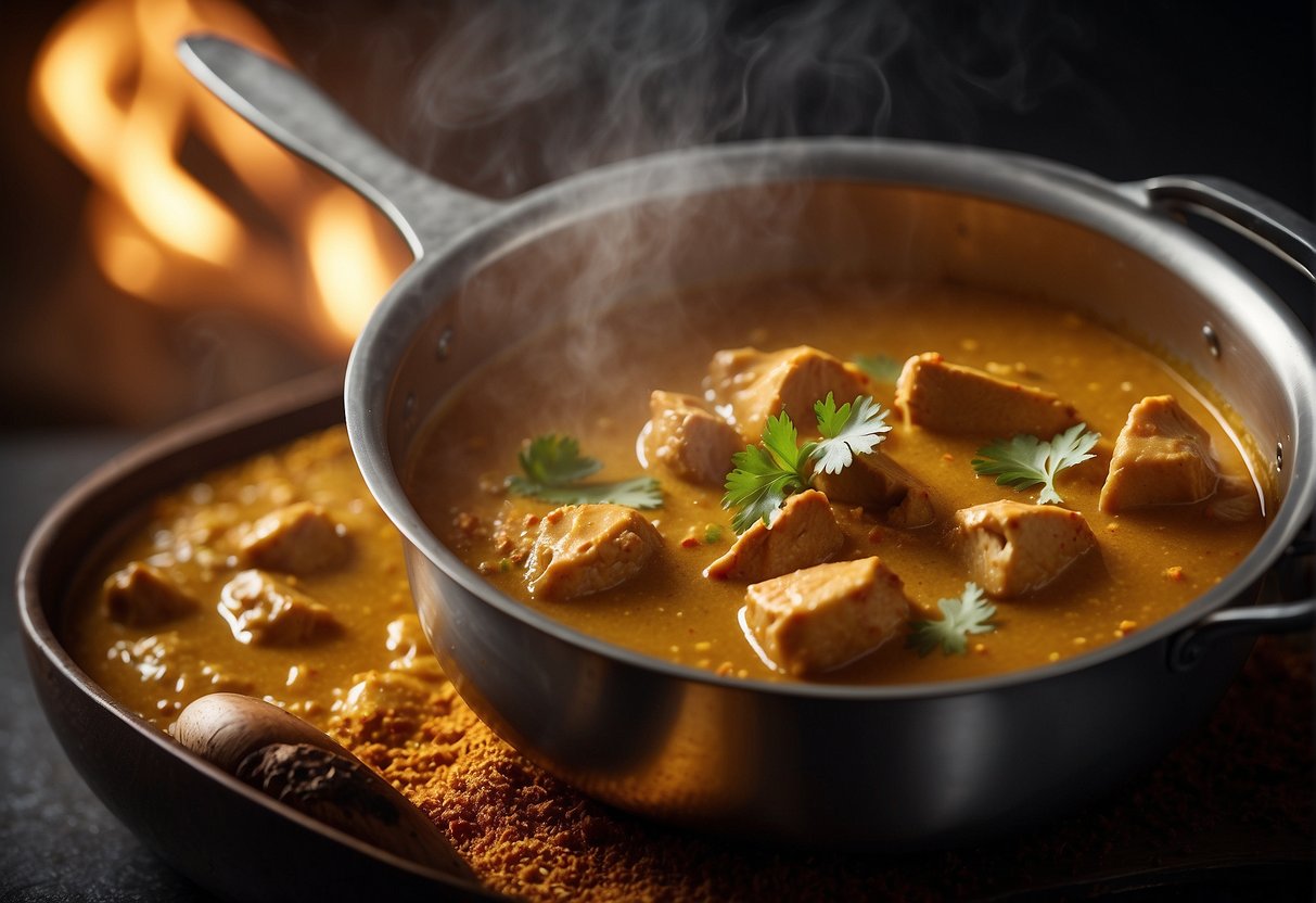 A pot simmers with Chinese chicken curry in coconut milk. A spoon stirs the fragrant mixture as steam rises. Ingredients surround the pot