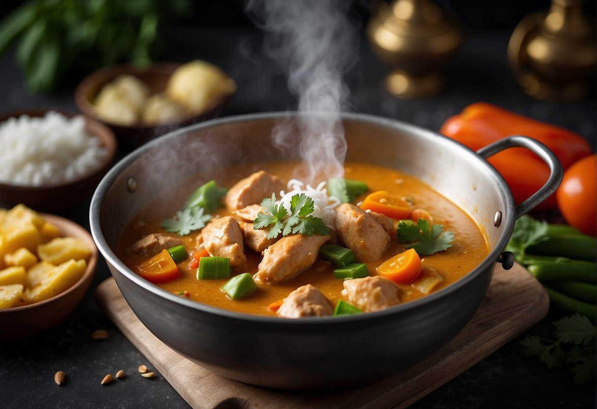 A steaming pot of Chinese chicken curry simmers with vibrant vegetables and coconut milk, emitting a tantalizing aroma