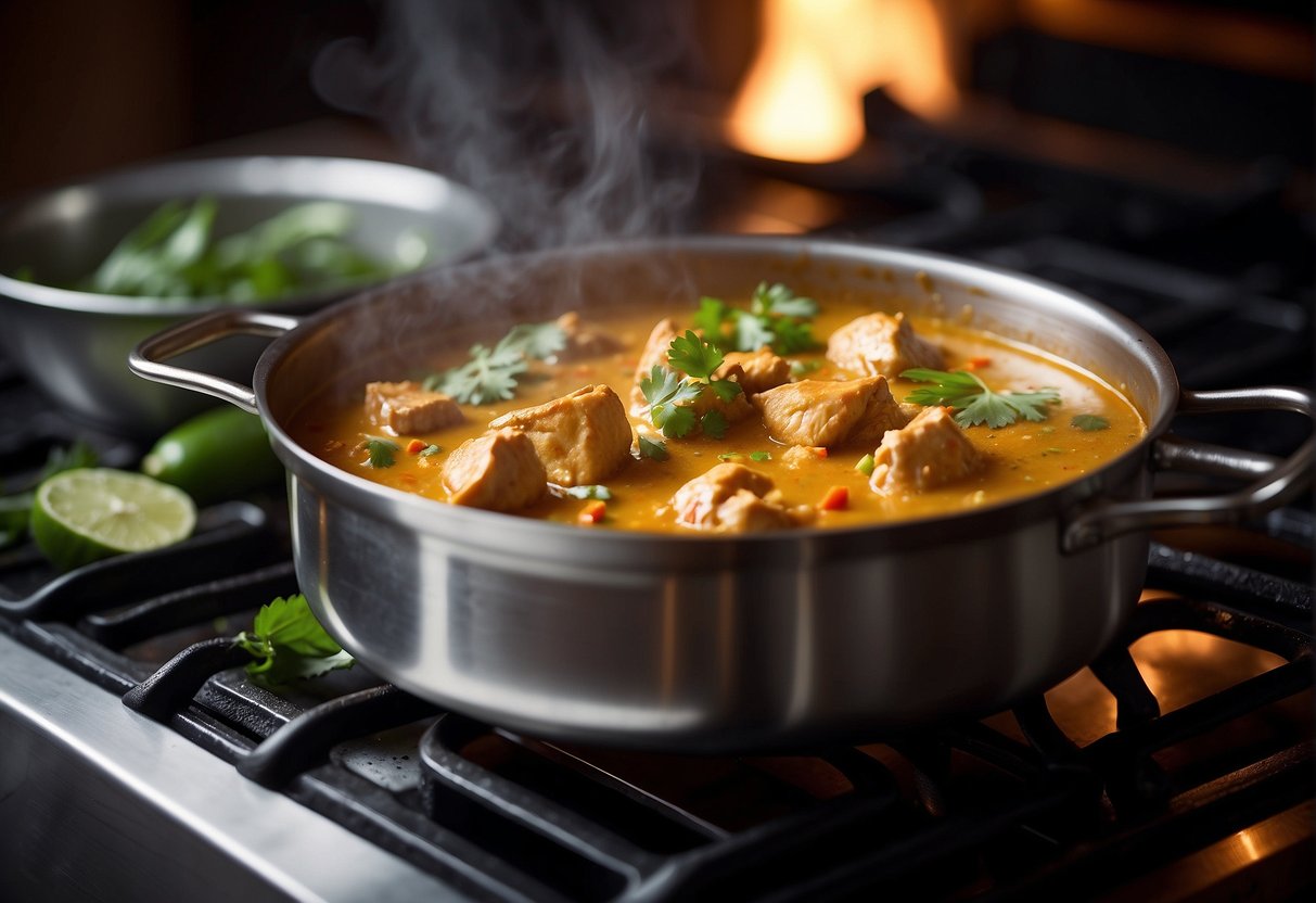 A steaming pot of Chinese chicken curry simmers on a stove, with vibrant vegetables and fragrant coconut milk adding depth to the dish