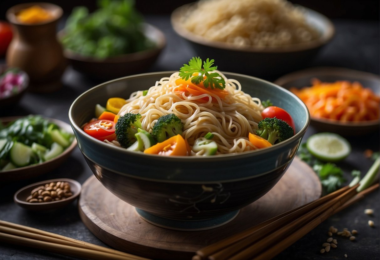 A steaming bowl of Chinese noodles with colorful, fresh vegetables and savory sauce, surrounded by chopsticks and a decorative table setting