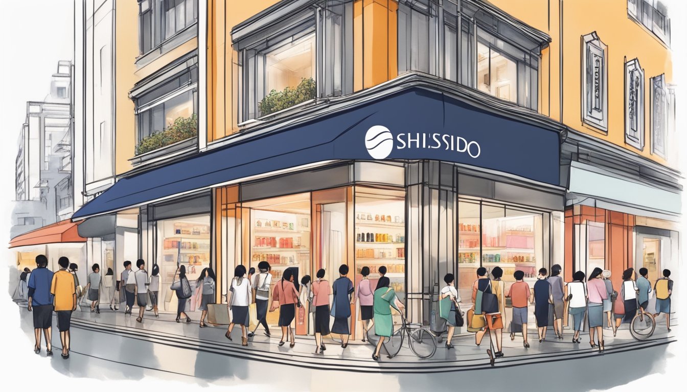 A bustling street in Singapore with a modern, sleek storefront displaying the Shiseido logo and products. A crowd of shoppers passes by, with a mix of locals and tourists