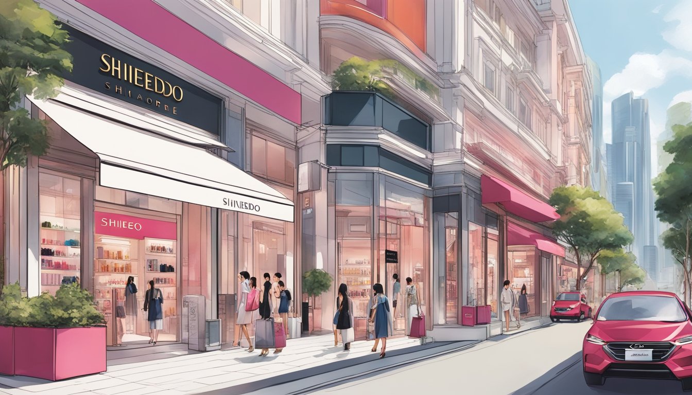 The bustling streets of Singapore reveal a vibrant Shiseido store, with sleek, modern architecture and a captivating display of beauty products