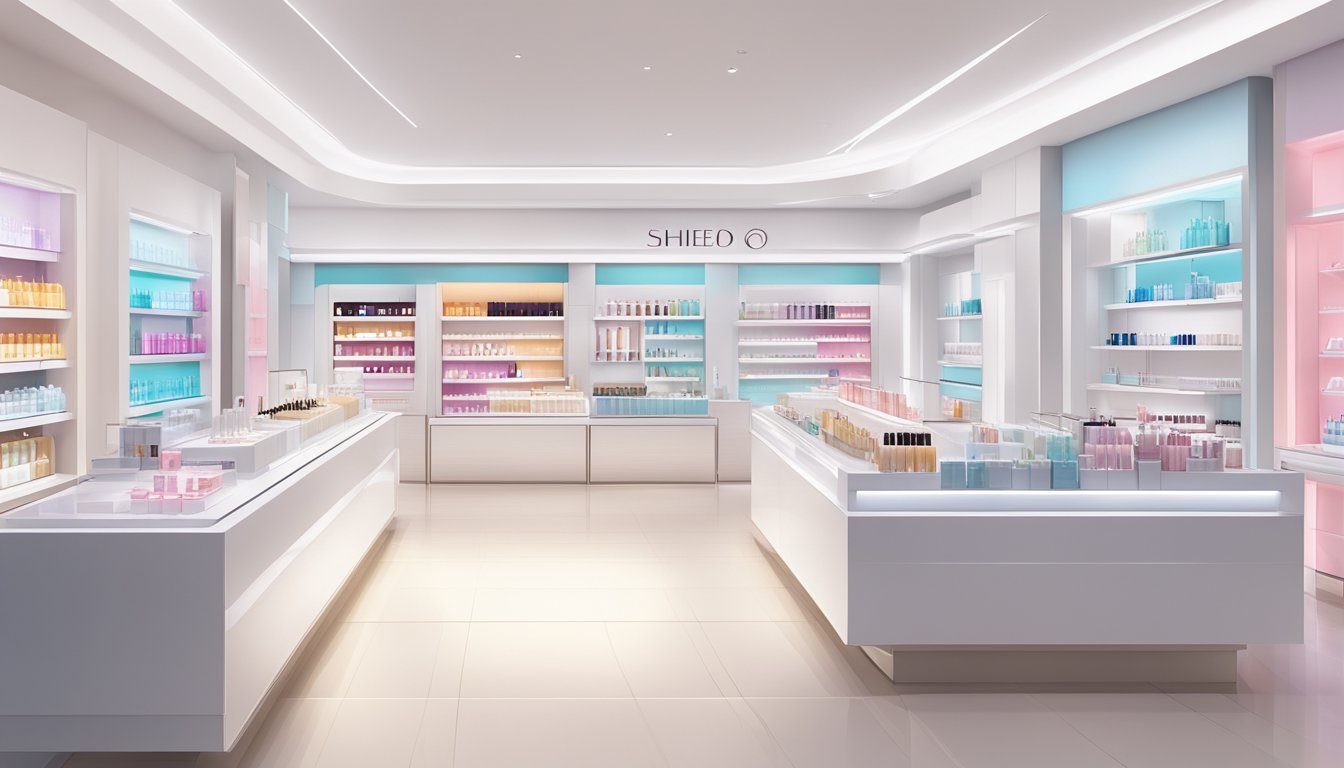 A bright, modern skincare store with sleek displays of Shiseido products. Clean lines and minimalist design create a serene atmosphere for customers to browse and shop