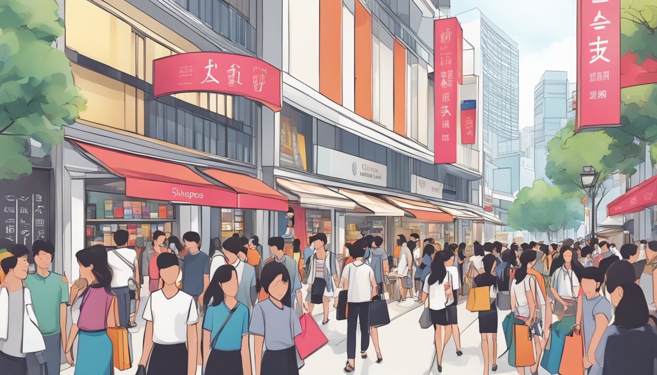 A bustling Singapore street with prominent Shiseido store signage and a crowd of shoppers seeking to purchase the renowned beauty products