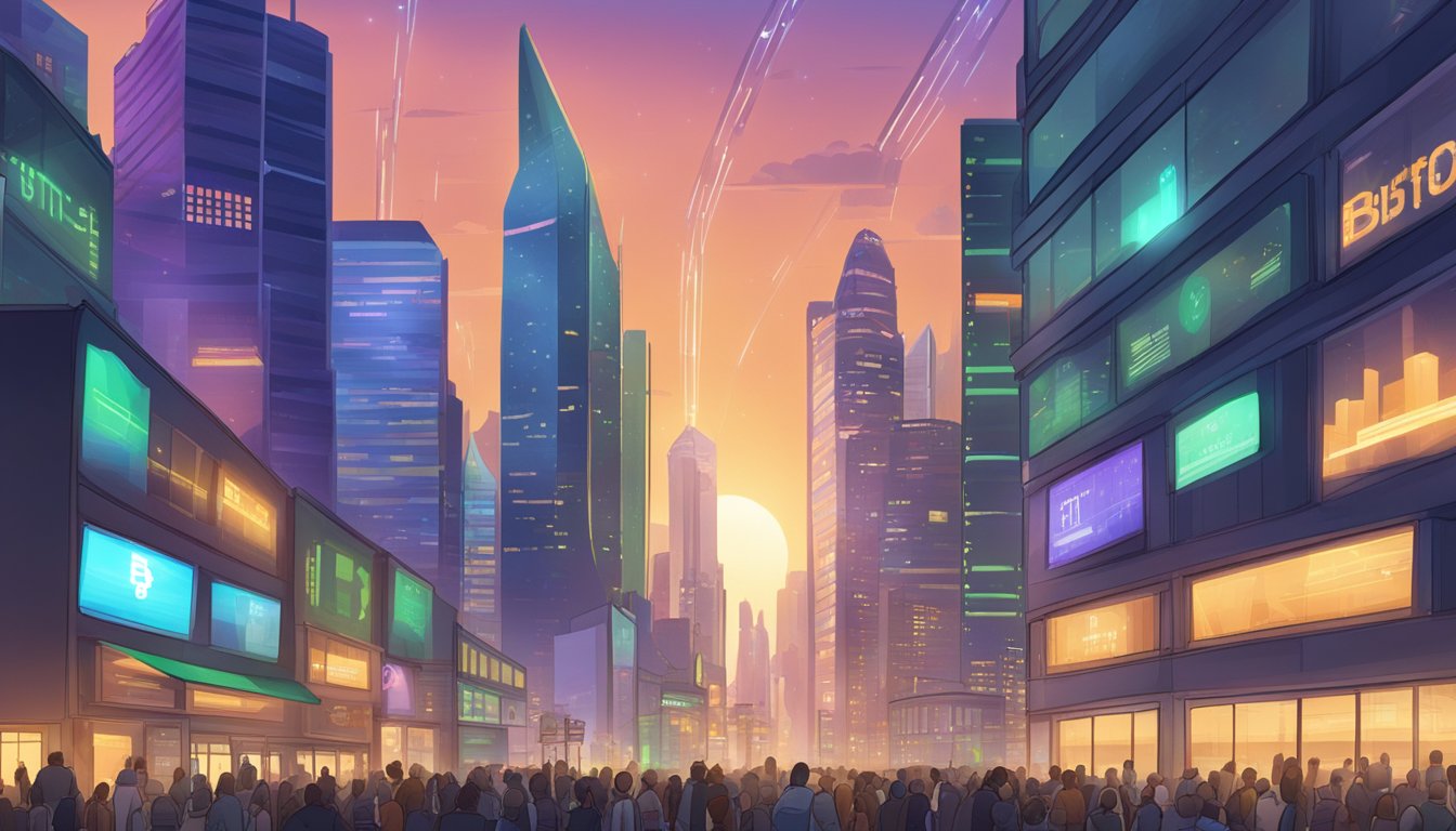 A bustling city skyline at dusk, with digital currency exchange tickers lighting up the buildings, indicating the best time to buy bitcoin