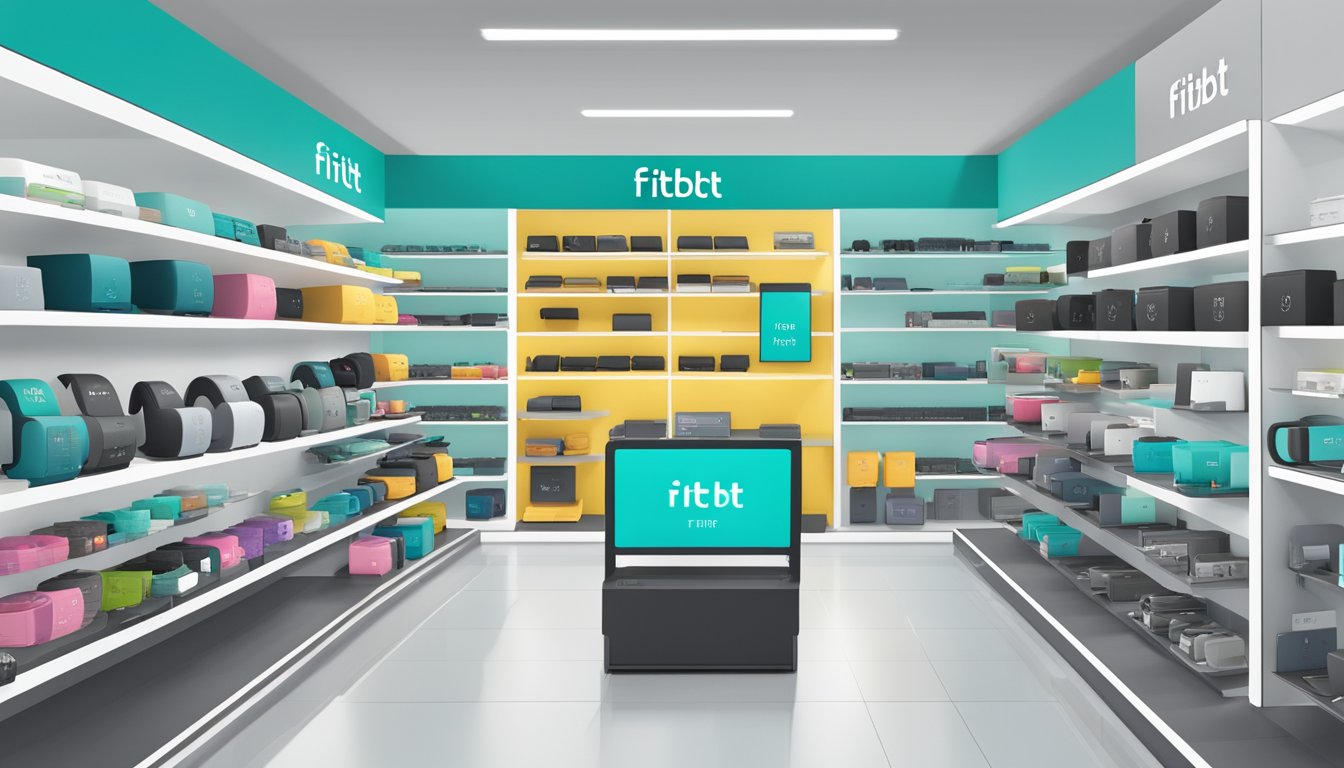 A display of Fitbit products in a modern electronics store in Singapore, with shelves neatly organized and a prominent sign indicating "Fitbit" section
