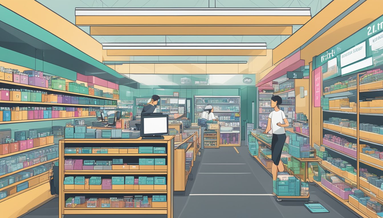 A bustling electronics store in Singapore, with shelves of Fitbit products and a customer service desk labeled "Frequently Asked Questions."