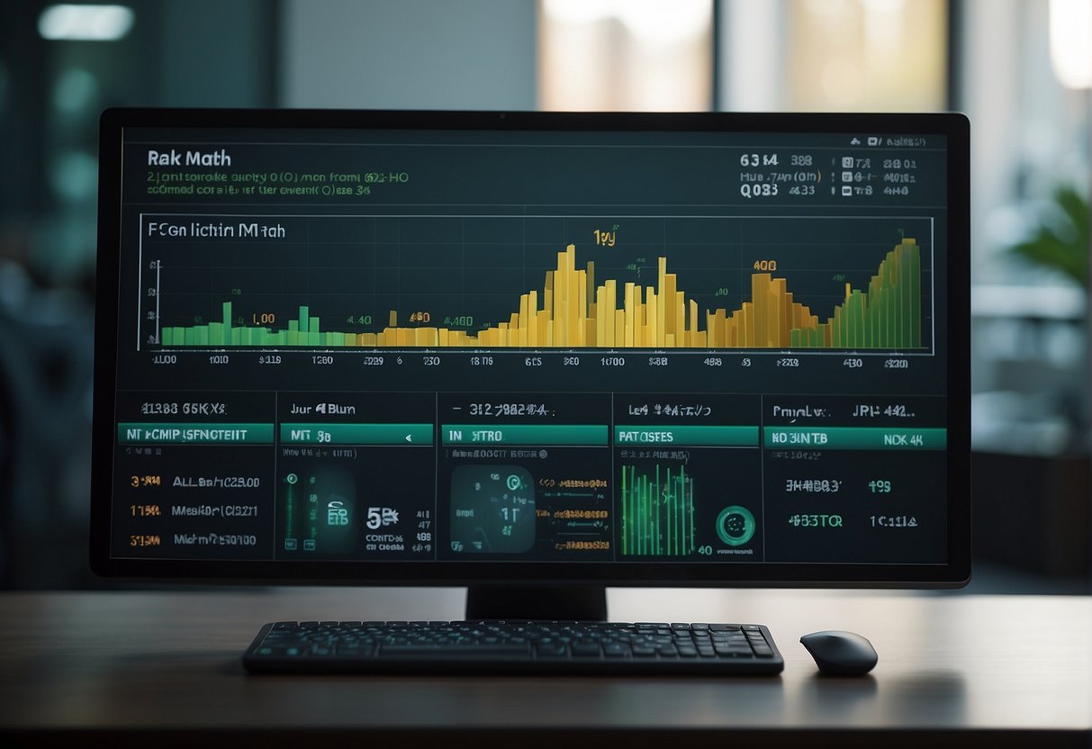 A computer screen displaying Rank Math interface with various post types. AI generates content in the background
