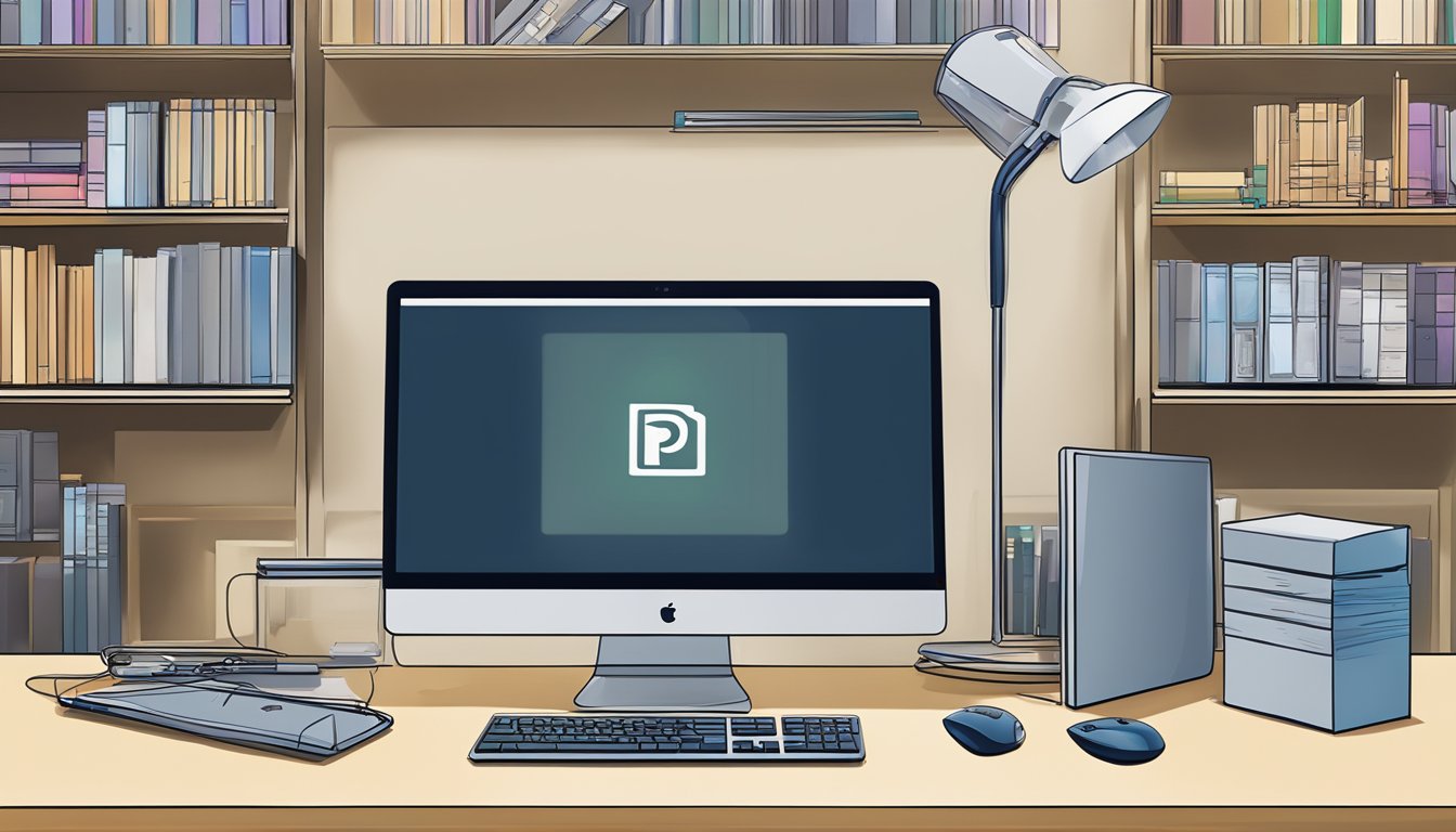 A computer screen with the Adobe Photoshop logo displayed, surrounded by a keyboard, mouse, and stylus. A shelf with Adobe Photoshop software boxes in the background
