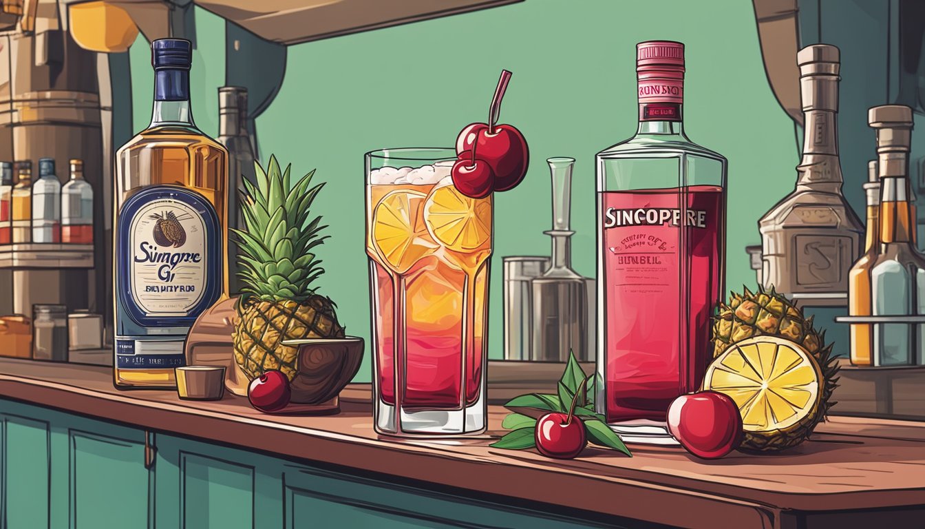 A bartender mixes gin, cherry brandy, and other ingredients in a tall glass, garnished with a slice of pineapple and a cherry. A bottle of Singapore Sling sits on the counter