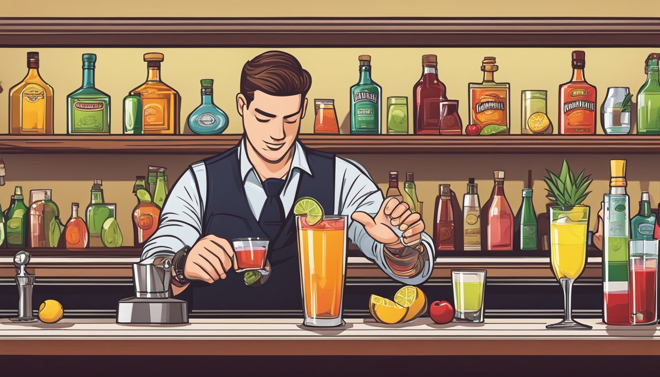 A bartender pours gin, cherry liqueur, and pineapple juice into a shaker. They add lime juice, Cointreau, and grenadine before shaking and straining the mixture into a glass. They top it with club soda and a cherry