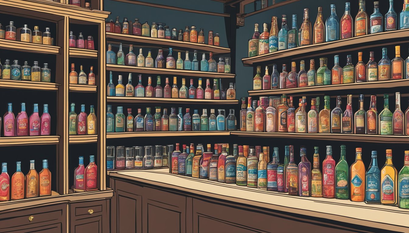 A display of Singapore Sling bottles with a prominent "Where to Buy" sign. Shelves neatly stocked with the iconic cocktail mix, surrounded by curious customers