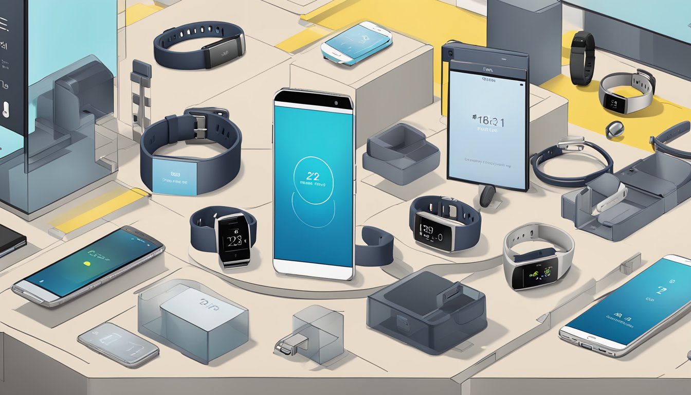 A Fitbit Charge 2 displayed in a Best Buy store, surrounded by other electronic devices and accessories