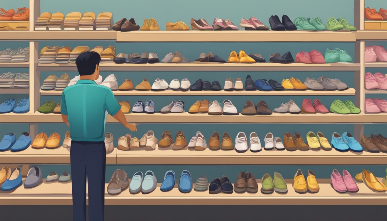 A store in Singapore sells small size shoes, with shelves neatly stocked and a friendly salesperson assisting a customer