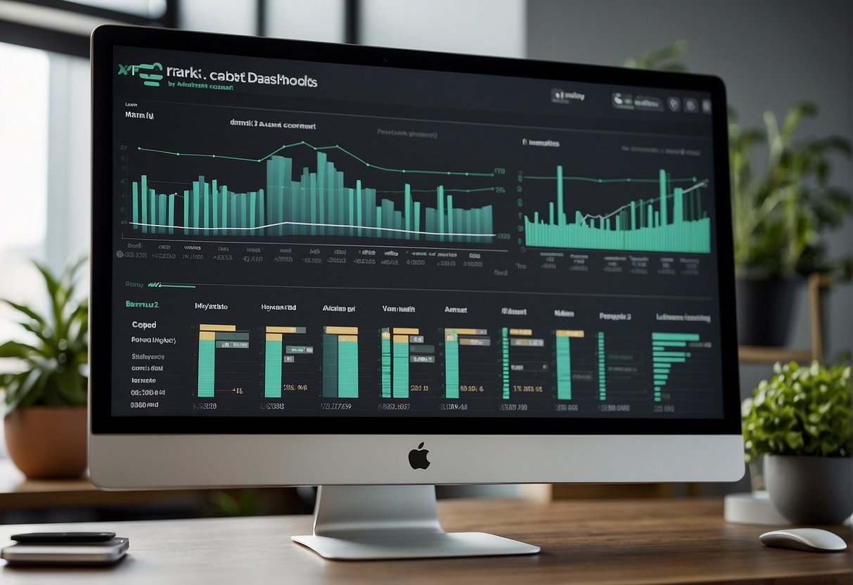 A computer screen displaying the Rank Math and Content AI account dashboards side by side, with various data and analytics charts visible