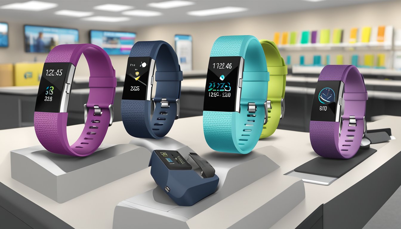 A Fitbit Charge 2 being customized with different bands and watch faces at a Best Buy store