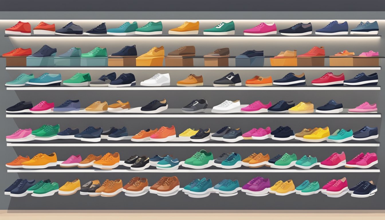 A colorful array of small size shoes on display in a trendy Singapore shoe store, with sleek modern designs and stylish options for those with petite feet