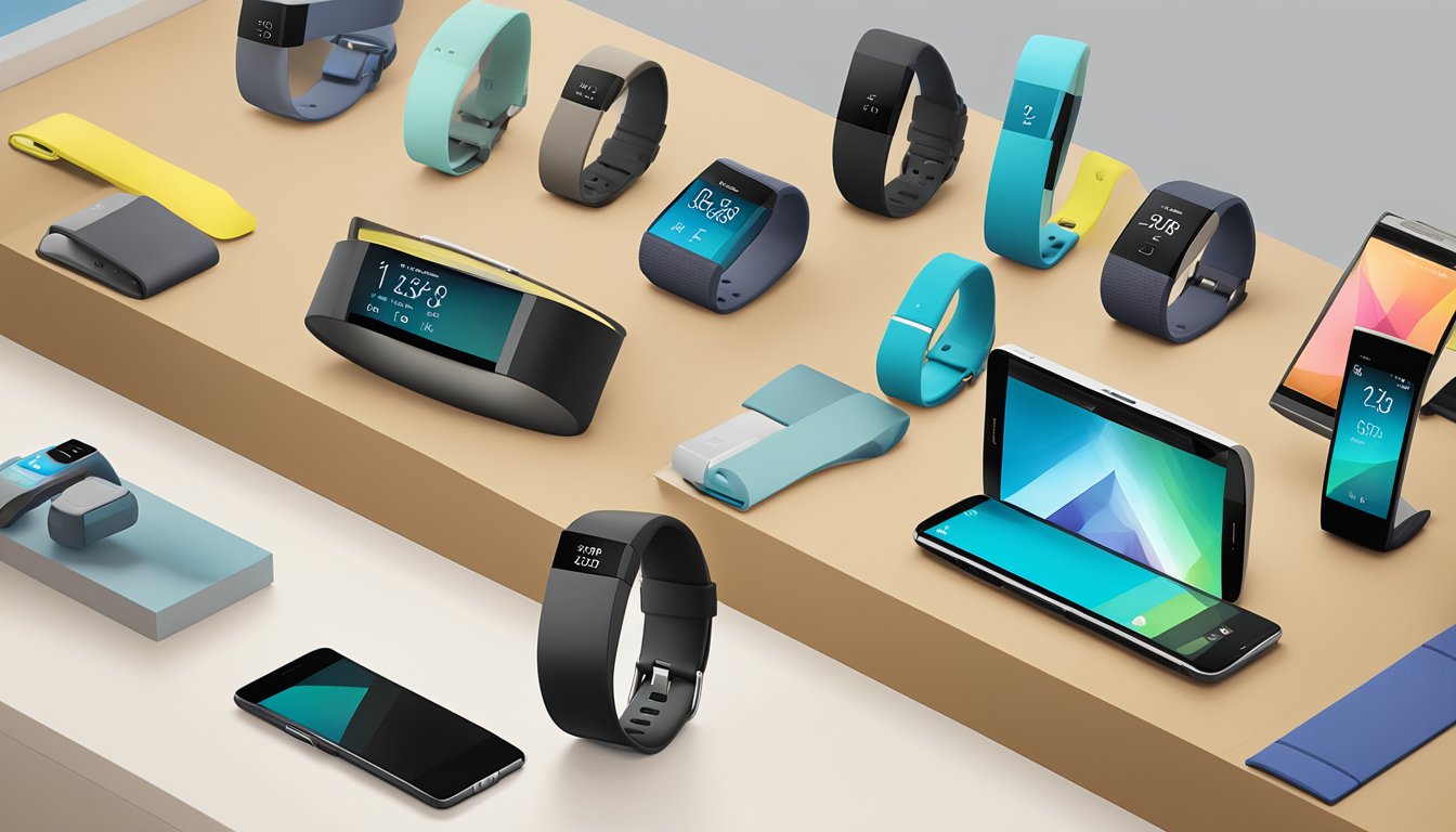 A Fitbit Charge 2 displayed on a shelf at Best Buy, surrounded by other electronic devices