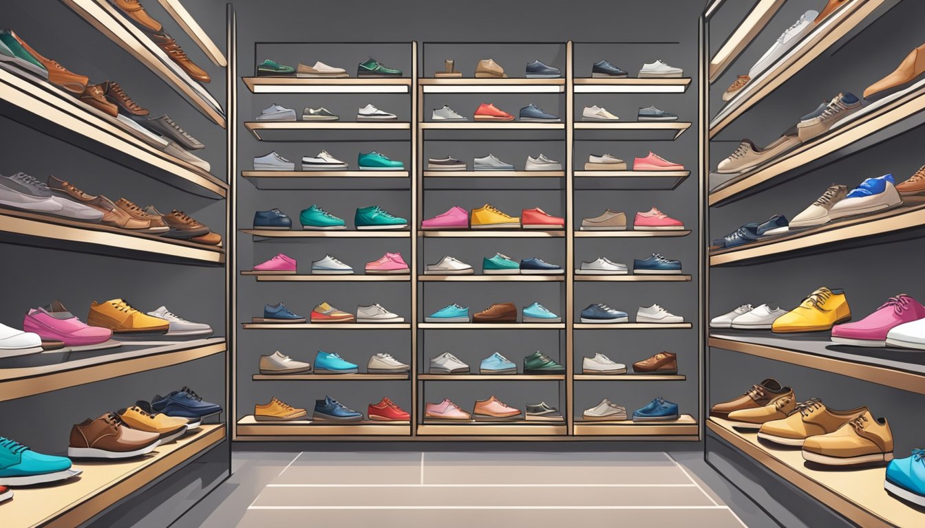 A display of small size shoes in various styles and colors, neatly arranged on shelves in a well-lit boutique in Singapore