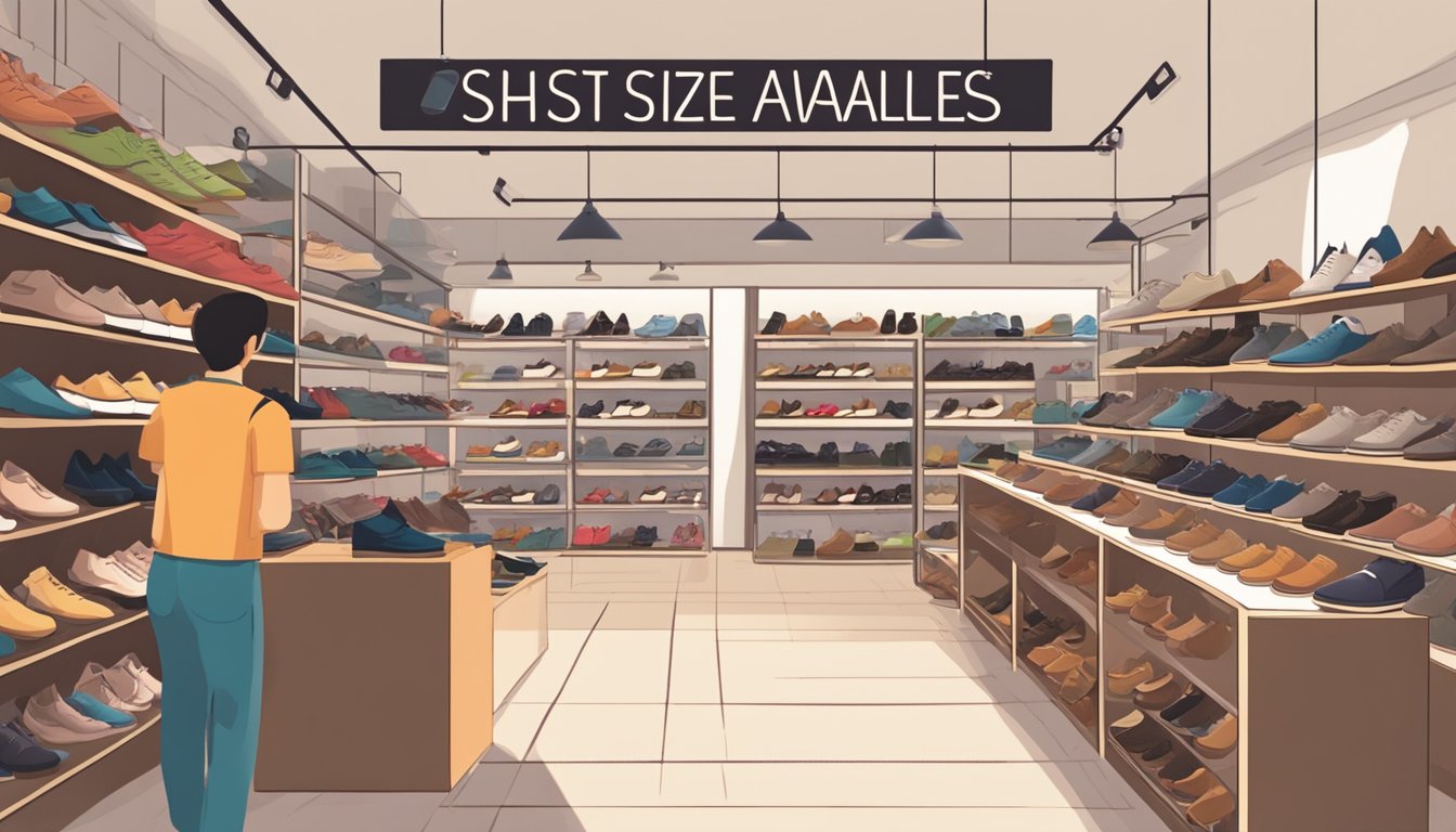 A shoe store in Singapore with a sign that reads "Small Size Shoes Available Here." Shelves stocked with various small-sized shoes and a customer browsing