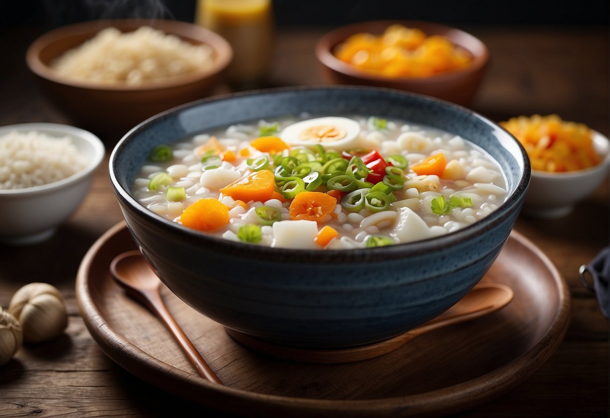 A steaming bowl of Chinese porridge with colorful toppings sits on a wooden table, surrounded by fresh ingredients and traditional cooking utensils