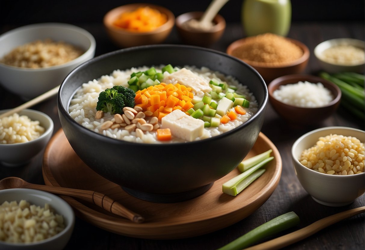 A bowl of Chinese porridge surrounded by ingredients like rice, ginger, scallions, and various healthy substitutes like tofu and vegetables