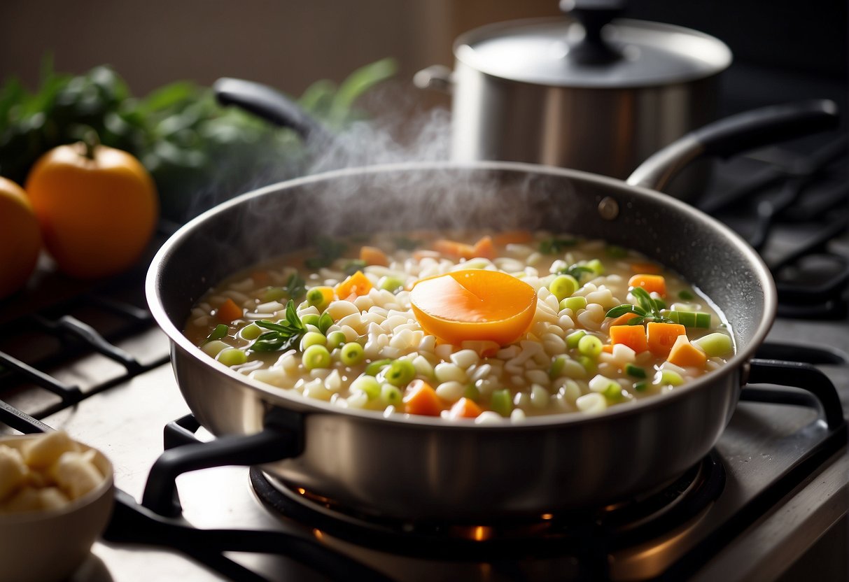 A pot simmers on a stove, steam rising. Ingredients like ginger, rice, and vegetables sit nearby. A ladle stirs the porridge