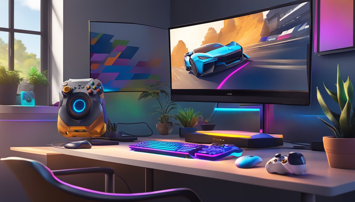 A sleek gaming monitor sits on a desk, connected to a PS4 console. The screen displays vibrant graphics, with a controller lying nearby