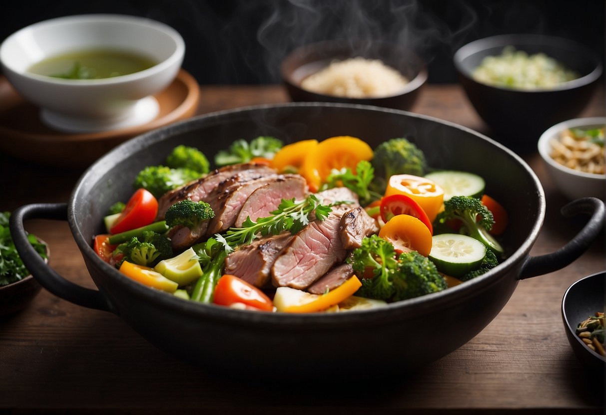 A table set with colorful, fresh vegetables, lean meats, and aromatic herbs. A wok sizzling with stir-fried ingredients. A steaming bowl of soup and a pot of green tea on the side