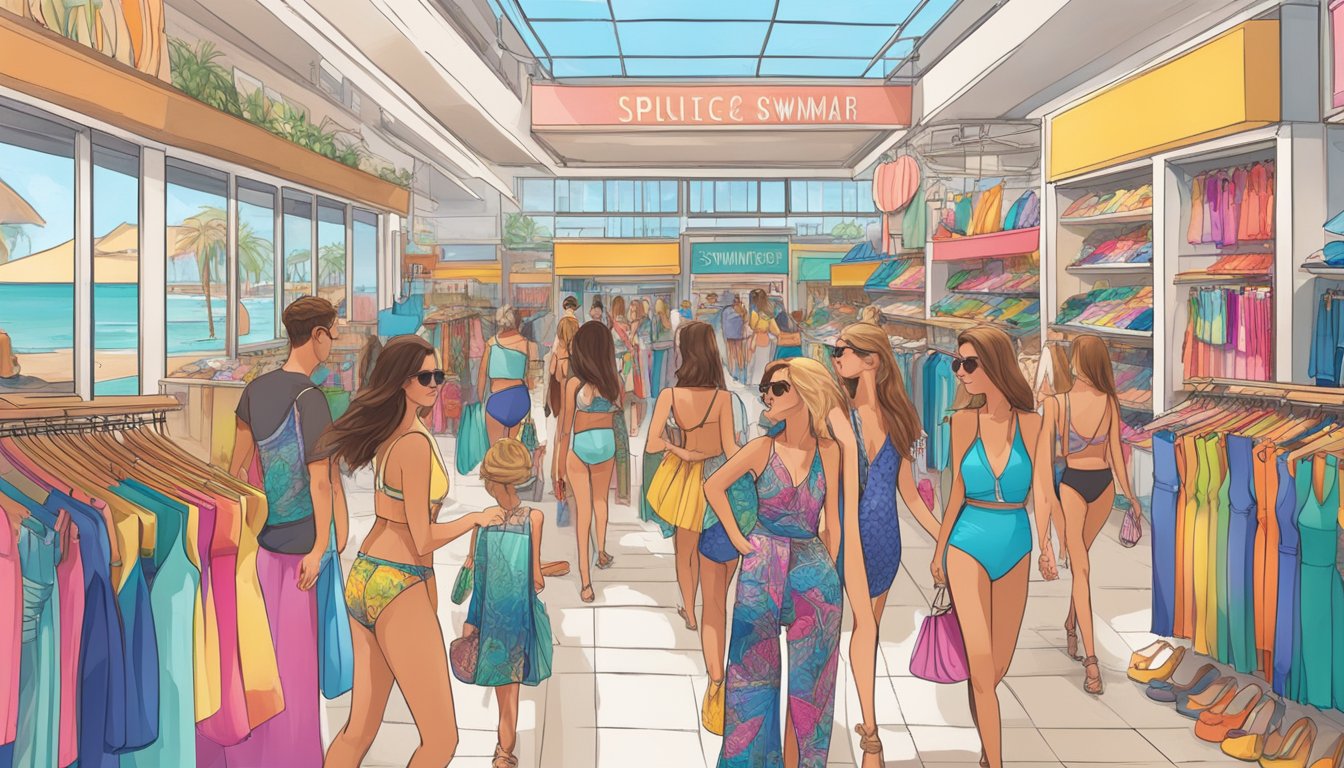 A bustling market street lined with vibrant swimwear shops and colorful displays of swimsuits, cover-ups, and accessories. Shoppers browse racks filled with a variety of styles and sizes, while store owners eagerly assist customers in finding the perfect swimwear