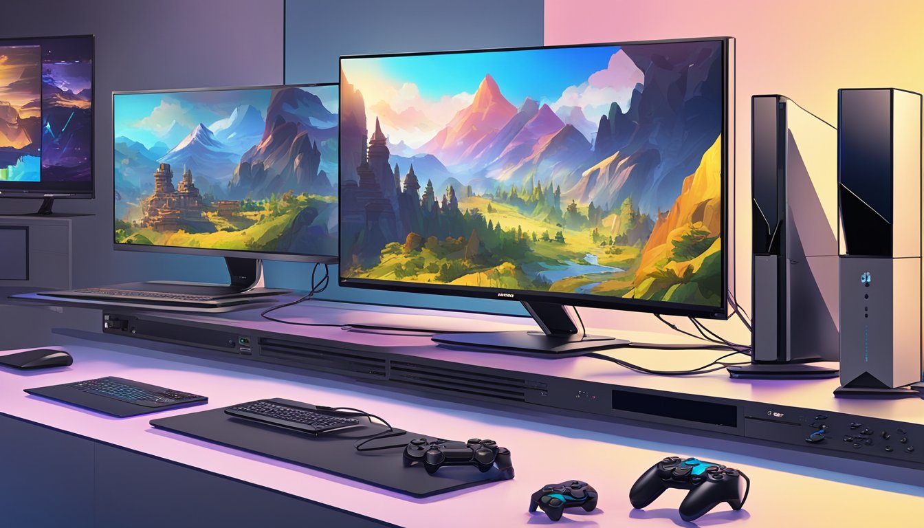 A PS4 gaming monitor on display at Best Buy, surrounded by other electronic devices, with vibrant graphics and sleek design