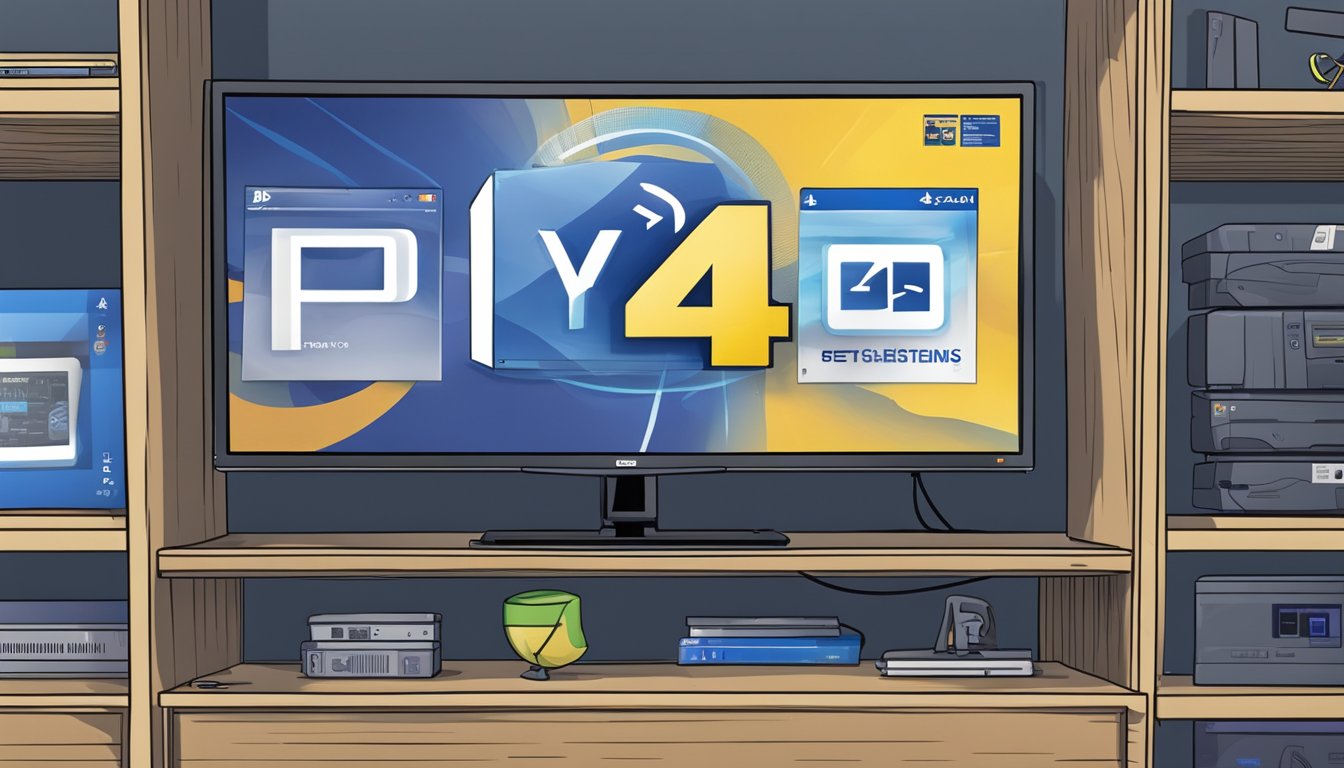A gaming monitor with PS4 logo, surrounded by frequently asked questions text, displayed on a Best Buy store shelf