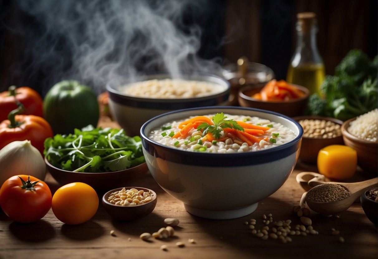 A steaming bowl of Chinese porridge sits on a wooden table, surrounded by various fresh ingredients and spices. Airtight containers line the shelves, filled with prepped vegetables and grains