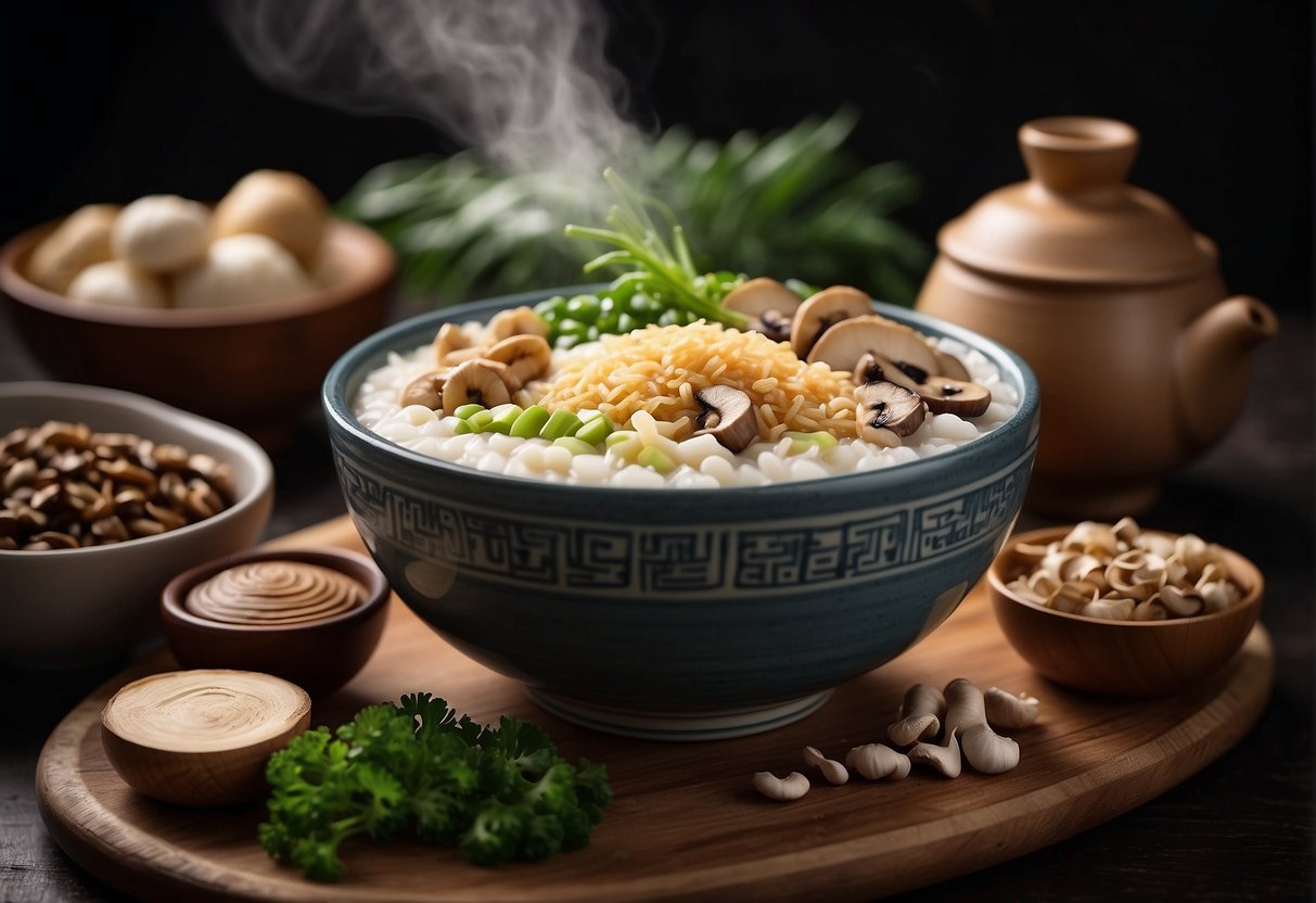 A steaming bowl of Chinese porridge surrounded by various healthy ingredients such as ginger, scallions, and mushrooms
