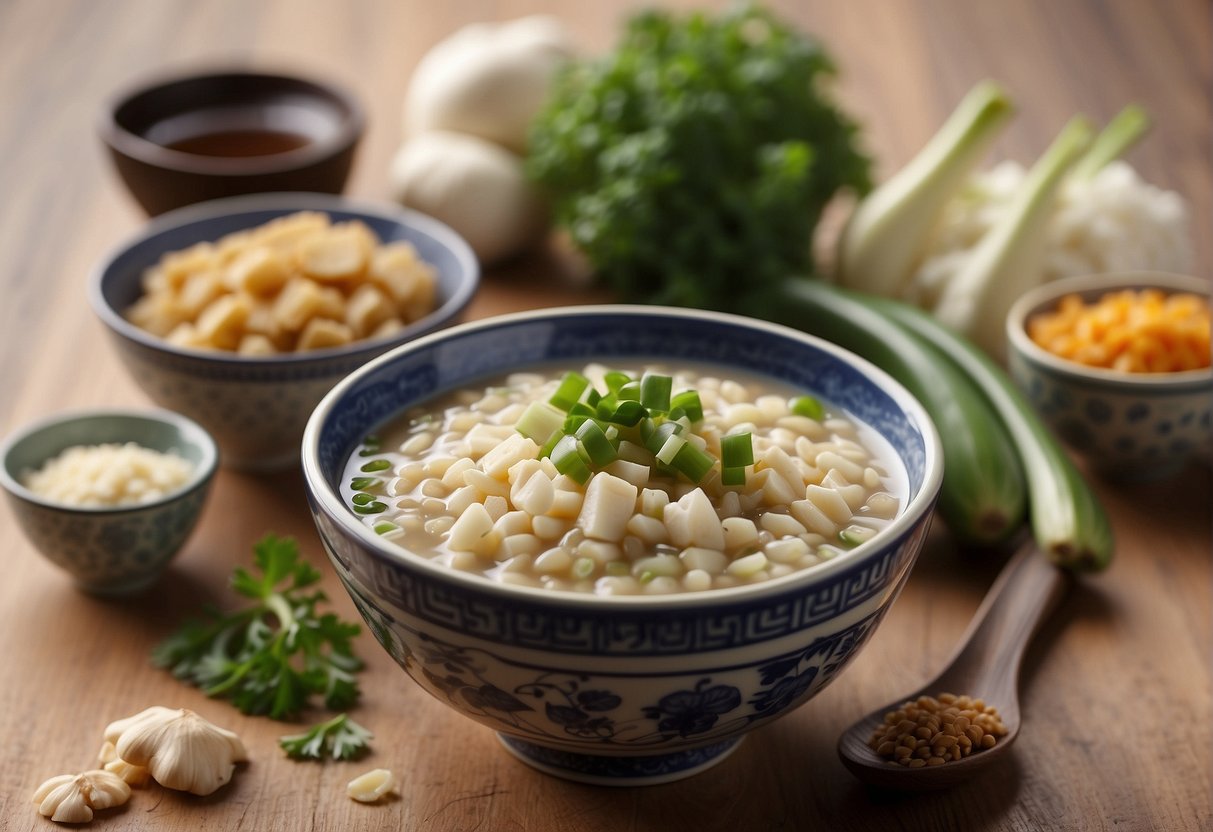 A steaming bowl of Chinese porridge surrounded by ingredients like ginger, scallions, and soy sauce, with a spoon resting on the side