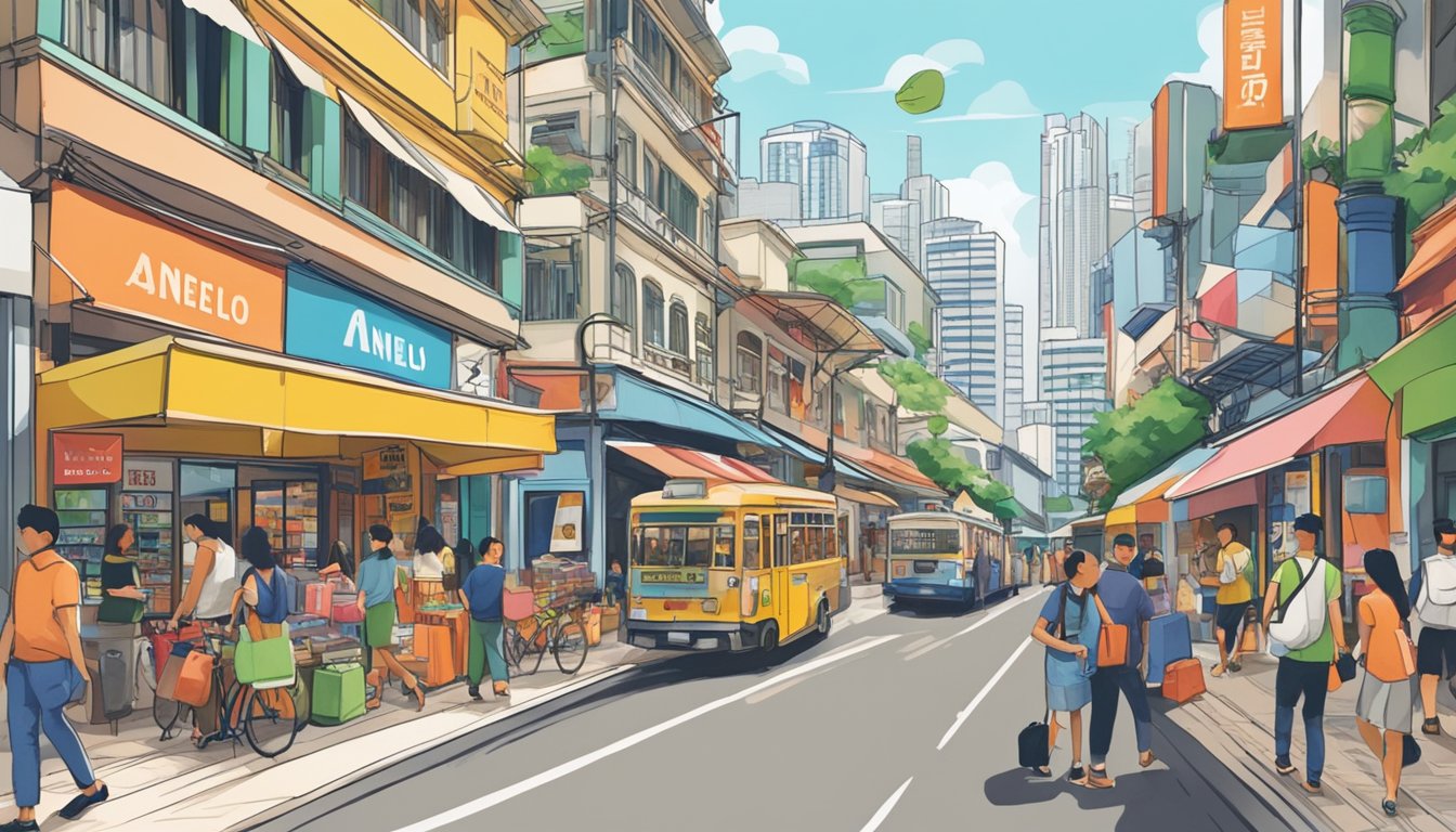 A bustling street in Singapore, with colorful storefronts and a prominent sign reading "Anello bags" in bold letters