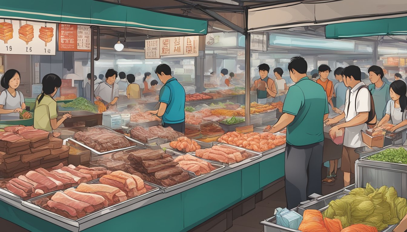 A bustling market stall in Singapore displays beef tendon for sale. Customers browse the selection, while the vendor weighs and packages the tender cuts