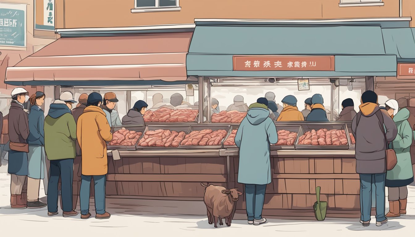 A bustling market stall displays fresh beef tendon, neatly arranged on ice, with eager customers lining up to make their purchases