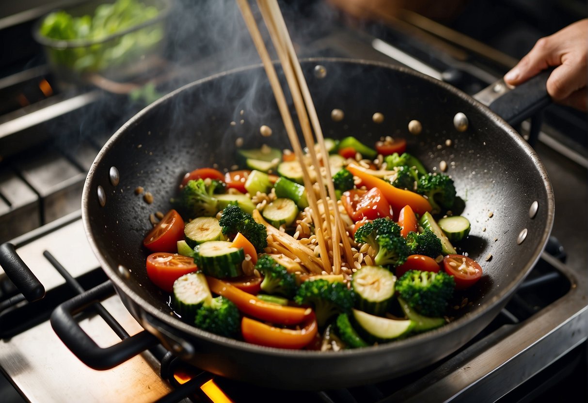 Fresh vegetables being stir-fried in a wok over high heat with a splash of soy sauce, depicting healthy Chinese cooking techniques