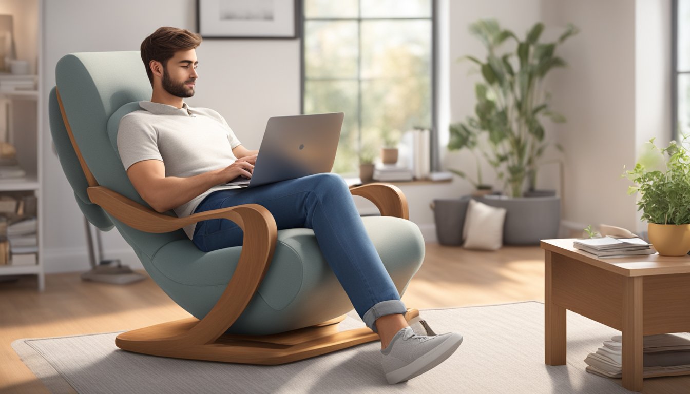 A person sitting on a chair with a Backjoy cushion, looking relaxed and comfortable. The cushion is placed in the lower back area, providing support and promoting good posture. The scene is set in a cozy and inviting living room