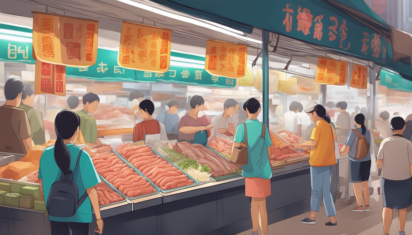 A bustling market stall displays fresh beef tendon in Singapore. Customers inquire about purchasing, while the vendor answers frequently asked questions