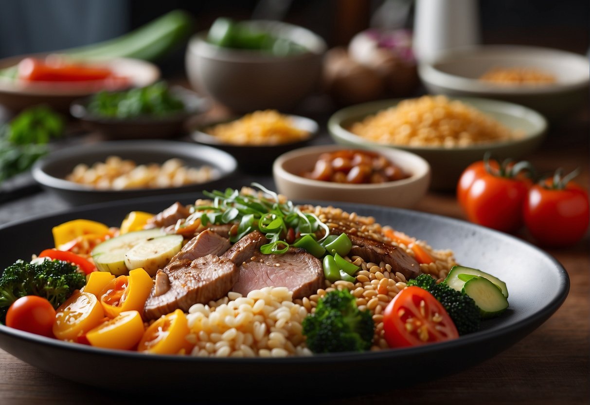 A table set with colorful, fresh ingredients like vegetables, lean meats, and whole grains. A wok sizzling with stir-fried goodness, emitting savory aromas