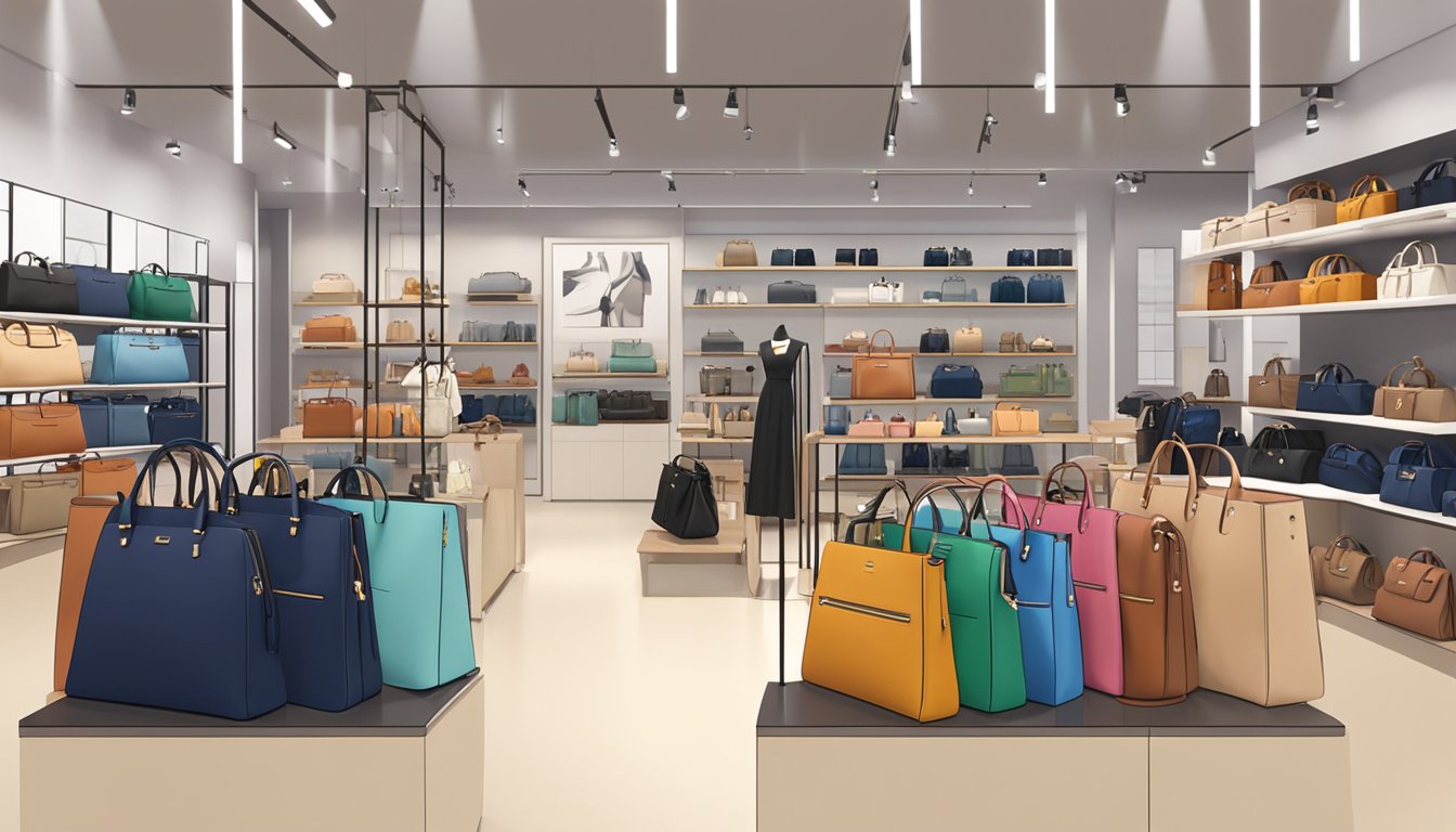 Anello Bags displayed in a modern Singaporean store, with various styles and colors showcased on shelves and mannequins