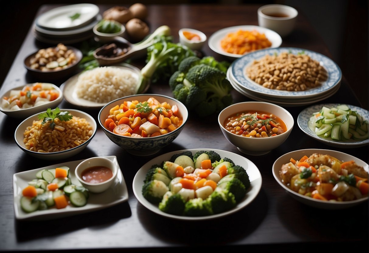 A table set with colorful, vegetable-packed Chinese dishes, labeled with dietary specifications