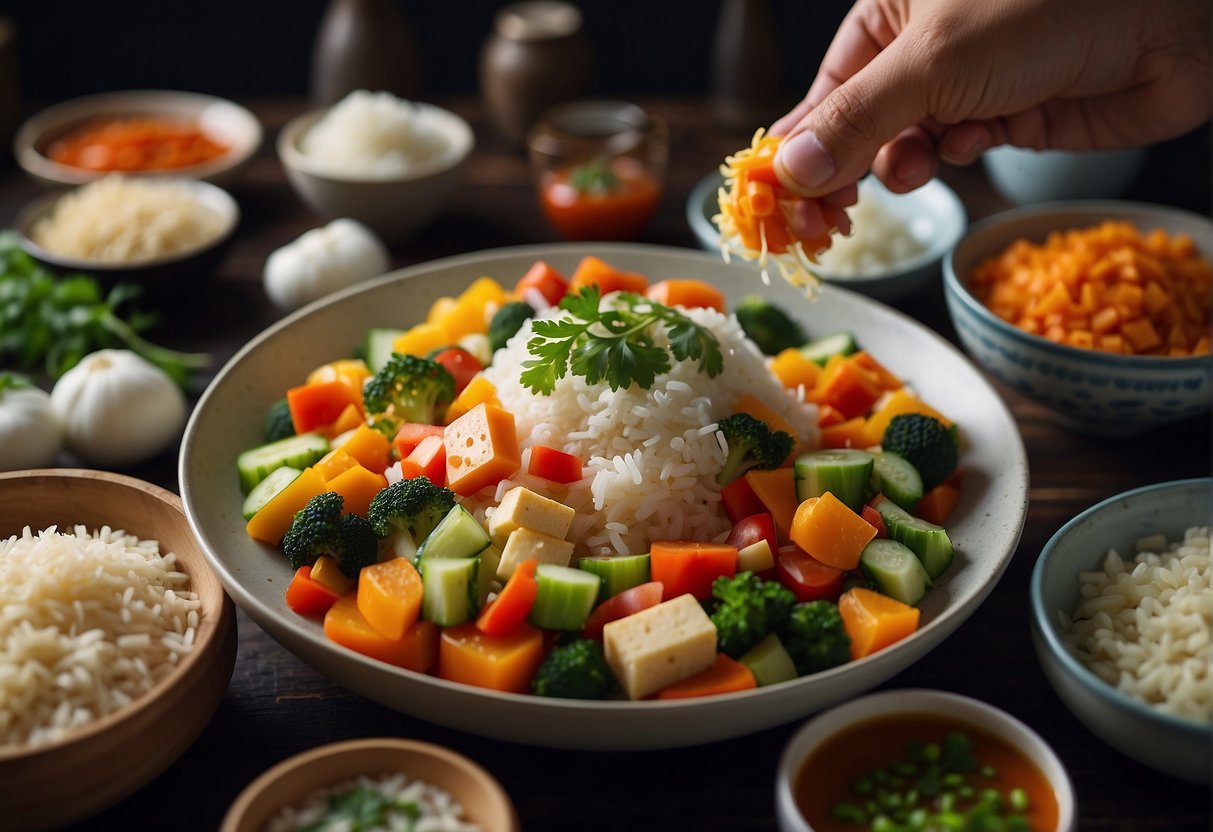 Fresh vegetables being chopped, tofu being stir-fried, steamed rice on the side, and colorful sauces in small bowls for serving