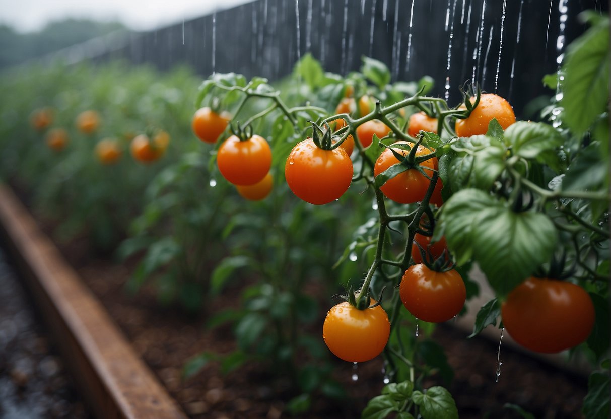 Tomato plants under shelter, rain pouring down. A drainage system diverts excess water