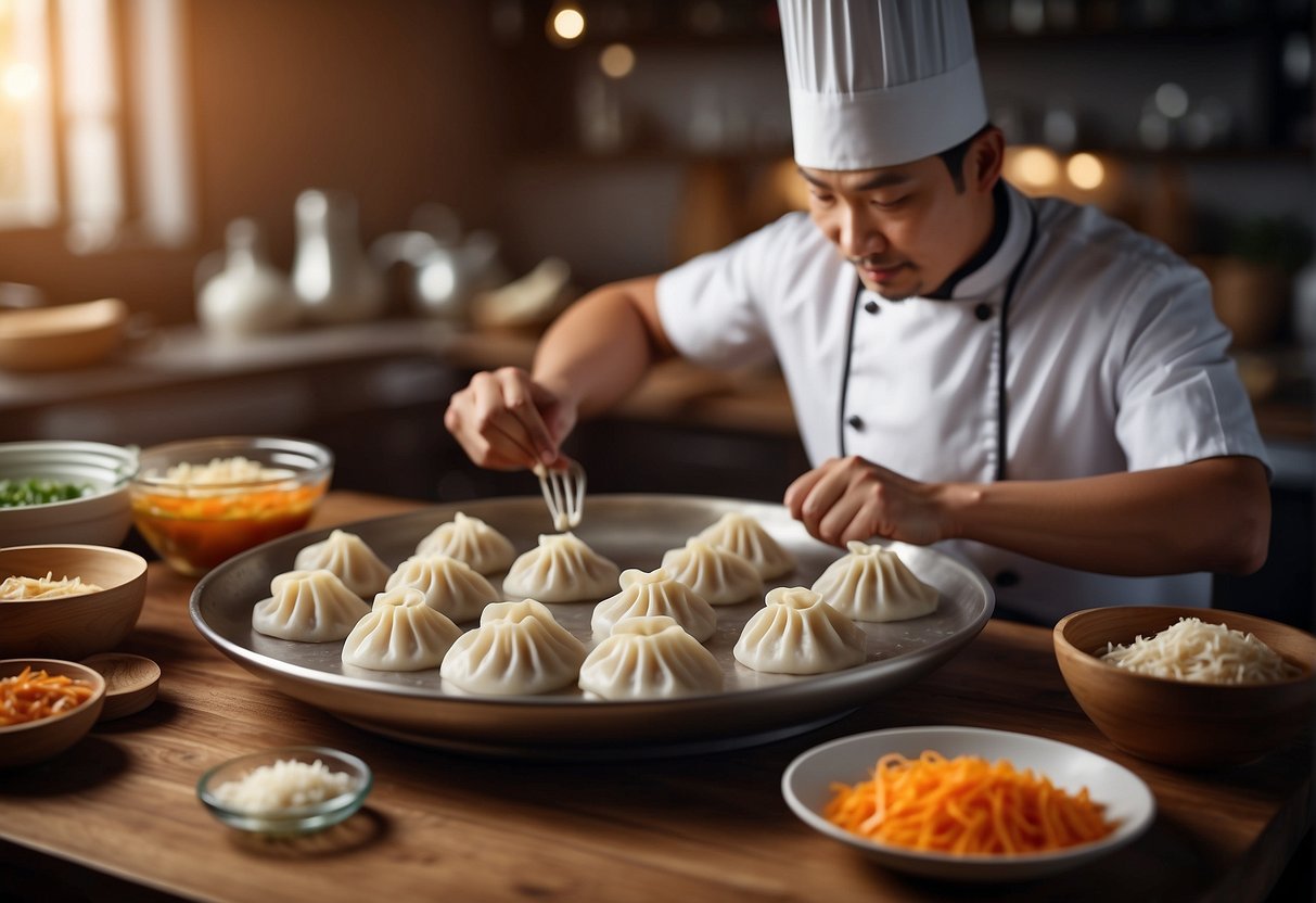 A chef prepares Chinese chicken dumplings, mixing ingredients and folding wrappers. Ingredients and utensils are neatly arranged on a wooden table